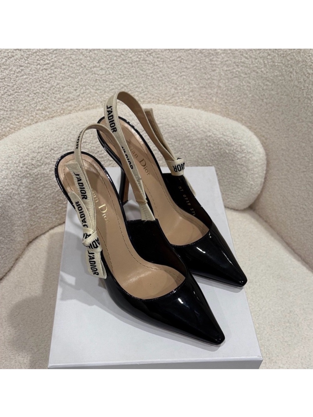 Dior Black Patent J'Adior Slingback Heels with Ivory Logo Ribbon - Picture 1 of 6